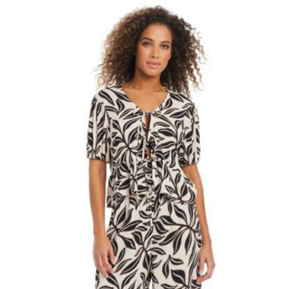 Bar III Resort Daze Tie Front Top Women Large Ivory Black Swim Cover Boho NWT